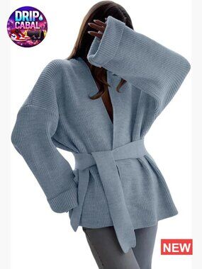 Oversized Knit Cardigan Belted Wrap Sweater Open Front Loose Fit